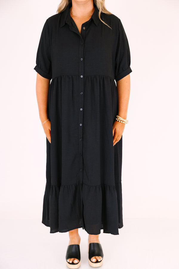 Chic soul plus size clothing, black button-up maxi dress with short sleeves that have cuffs at the end and a v-neckline
