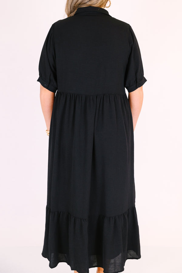 Chic soul plus size clothing, black button-up maxi dress with short sleeves that have cuffs at the end and a v-neckline
