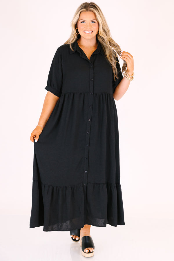 Chic soul plus size clothing, black button-up maxi dress with short sleeves that have cuffs at the end and a v-neckline
