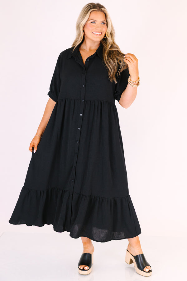 Chic soul plus size clothing, black button-up maxi dress with short sleeves that have cuffs at the end and a v-neckline
