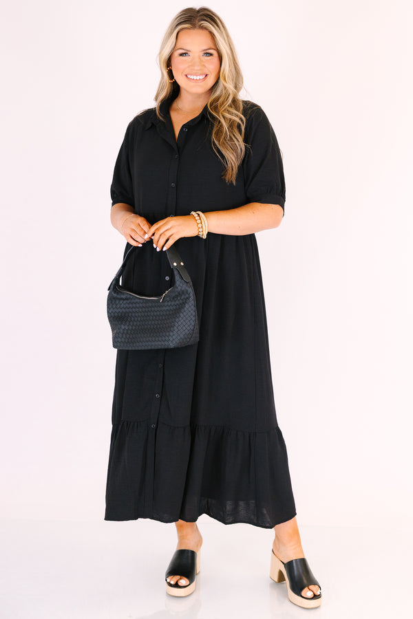 Chic soul plus size clothing, black button-up maxi dress with short sleeves that have cuffs at the end and a v-neckline

