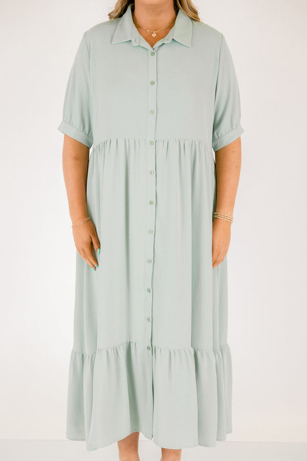 Chic Soul plus size clothing, mint green short sleeve button up tiered flowy maxi dress with collar