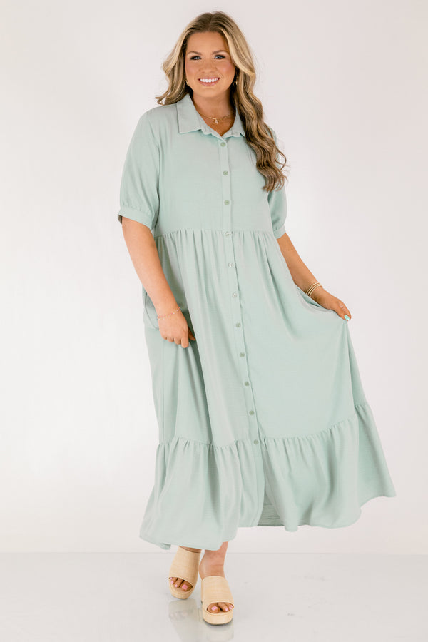 Chic Soul plus size clothing, mint green short sleeve button up tiered flowy maxi dress with collar