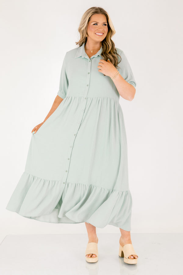 Chic Soul plus size clothing, mint green short sleeve button up tiered flowy maxi dress with collar