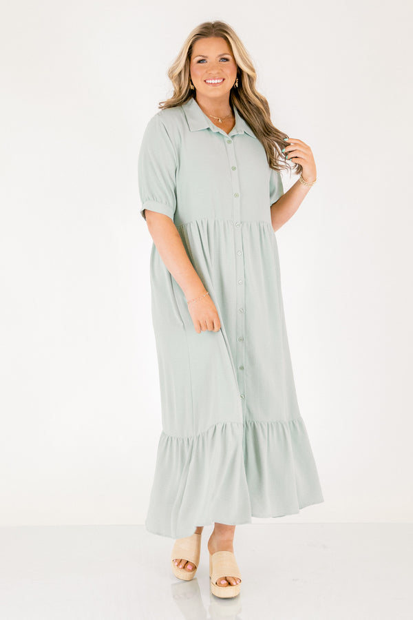 Chic Soul plus size clothing, mint green short sleeve button up tiered flowy maxi dress with collar