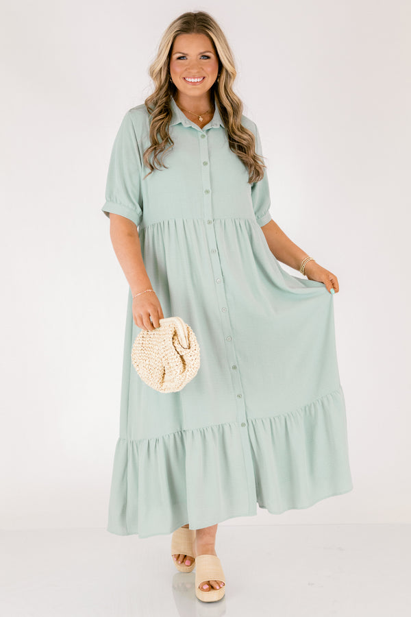 Chic Soul plus size clothing, mint green short sleeve button up tiered flowy maxi dress with collar