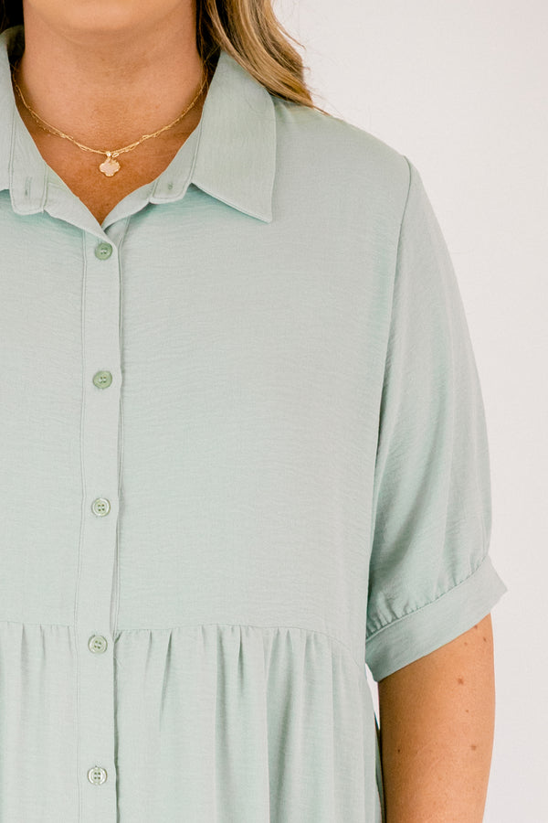 Chic Soul plus size clothing, mint green short sleeve button up tiered flowy maxi dress with collar