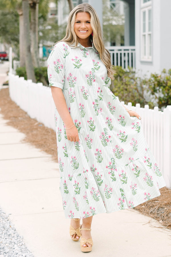 Chic Soul plus size clothing, mint striped maxi dress with short sleeves featuring a cuff a collar and buttons extending to the bottom of the chest  with an all-over floral block pattern. 