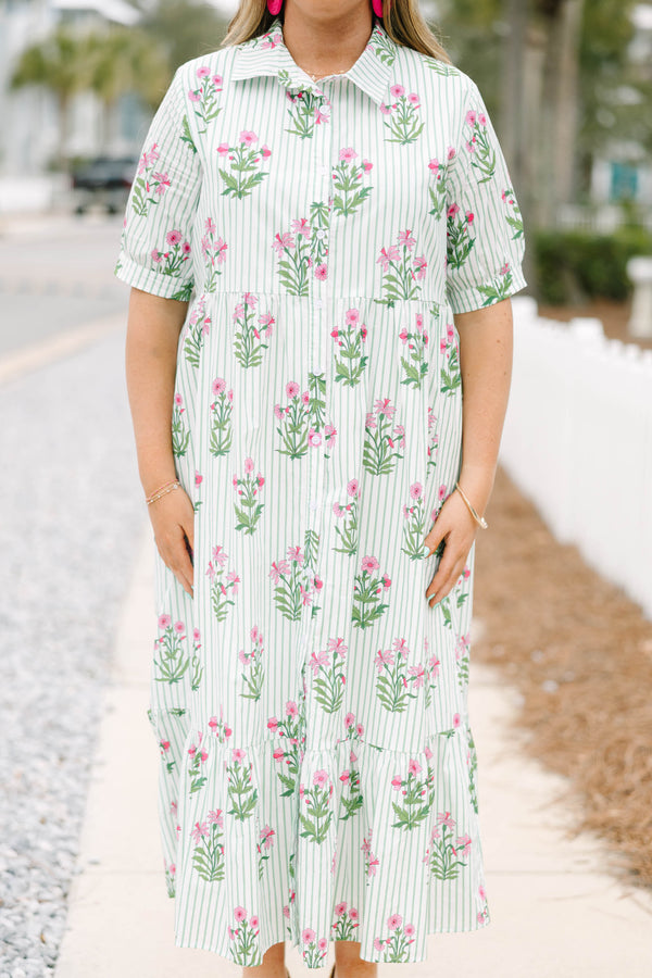 Chic Soul plus size clothing, mint striped maxi dress with short sleeves featuring a cuff a collar and buttons extending to the bottom of the chest  with an all-over floral block pattern. 
