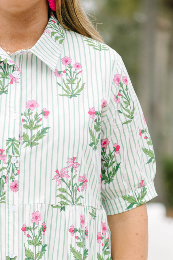Chic Soul plus size clothing, mint striped maxi dress with short sleeves featuring a cuff a collar and buttons extending to the bottom of the chest  with an all-over floral block pattern. 
