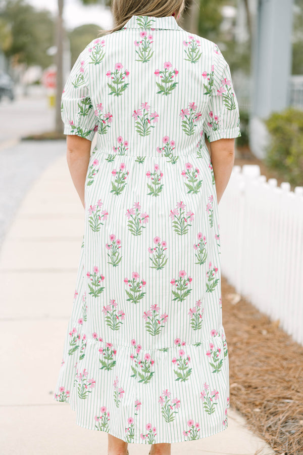 Chic Soul plus size clothing, mint striped maxi dress with short sleeves featuring a cuff a collar and buttons extending to the bottom of the chest  with an all-over floral block pattern. 
