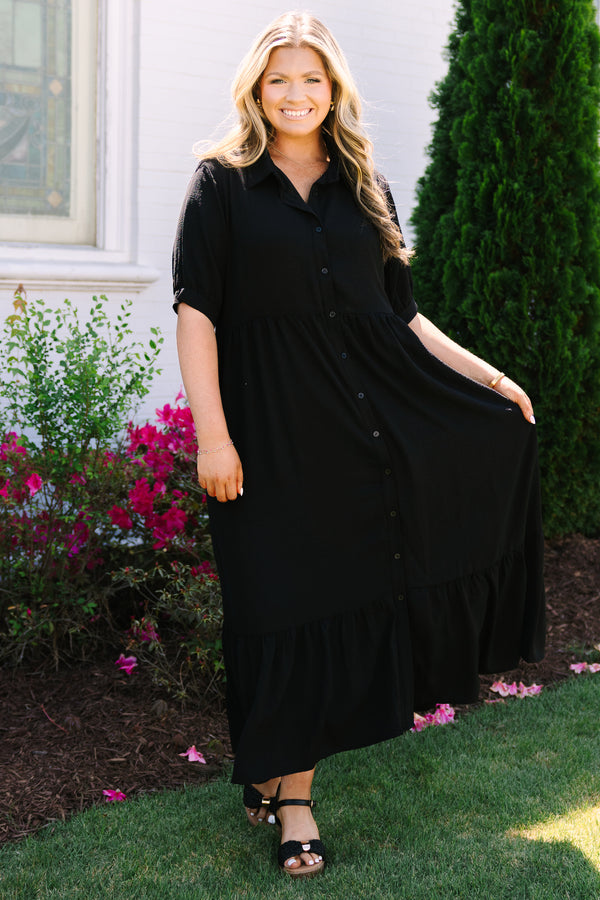 Chic soul plus size clothing, black button-up maxi dress with short sleeves that have cuffs at the end and a v-neckline
