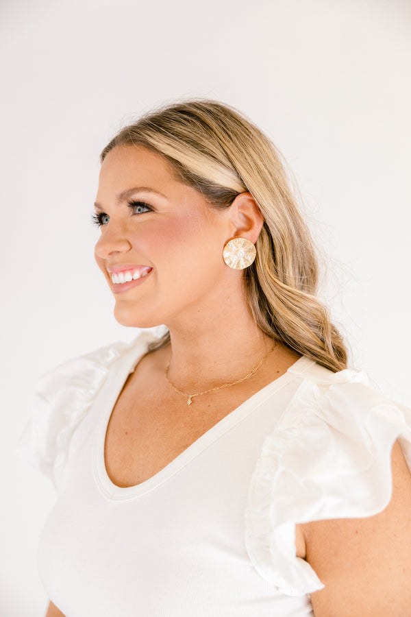 Chic Soul plus size clothing, circular gold metal stud earrings with a pearl detail in the middle 