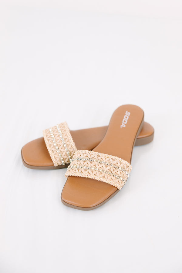 Chic Soul plus size clothig, beige slide sandals with embellishments