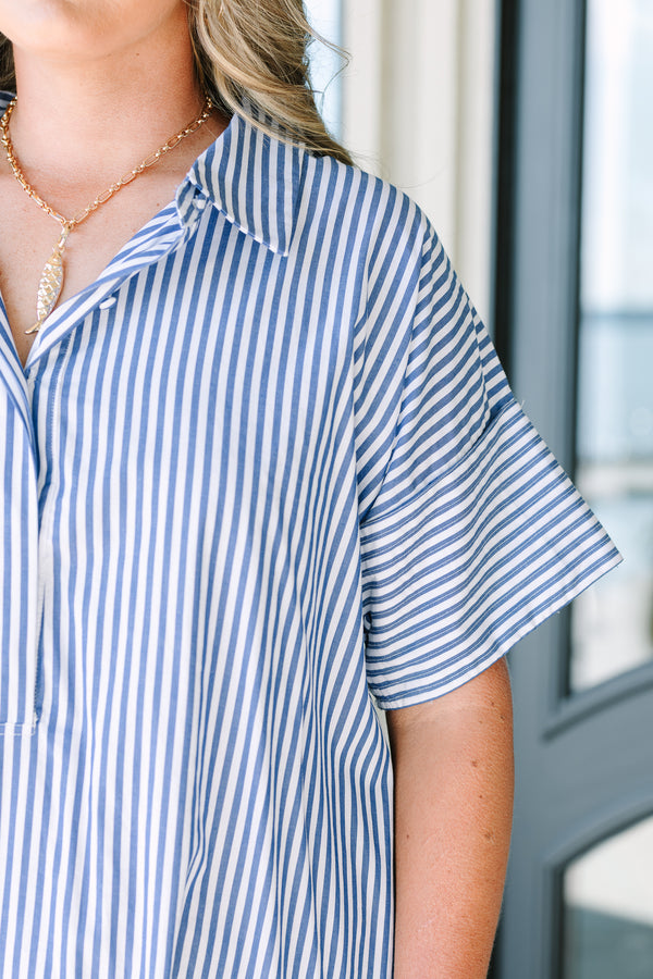 Plus Size blue and white vertical striped cotton shirt dress with a collar and short sleeves.