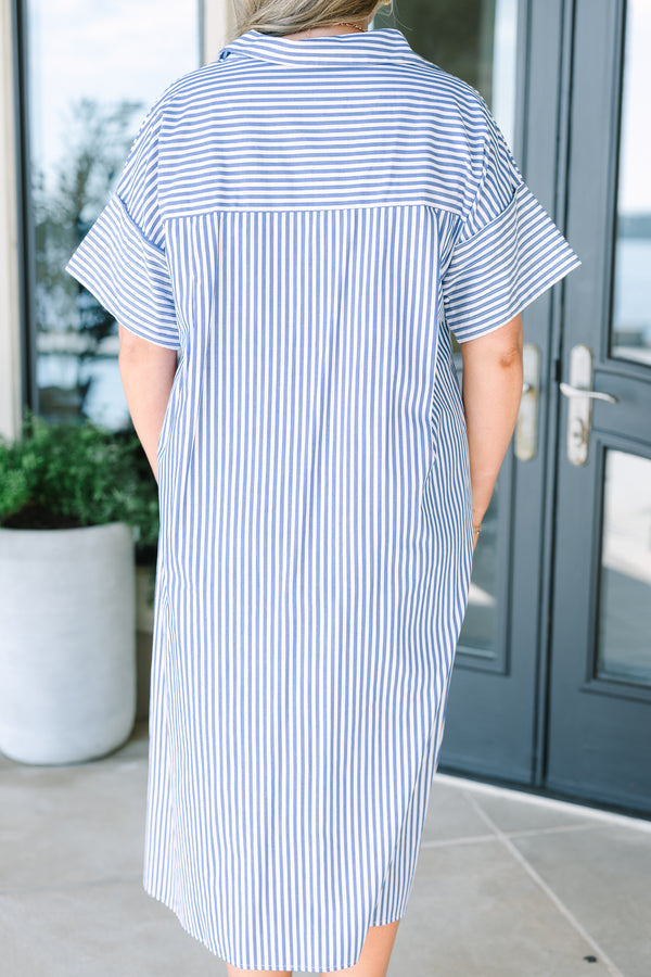Plus Size blue and white vertical striped cotton shirt dress with a collar and short sleeves.
