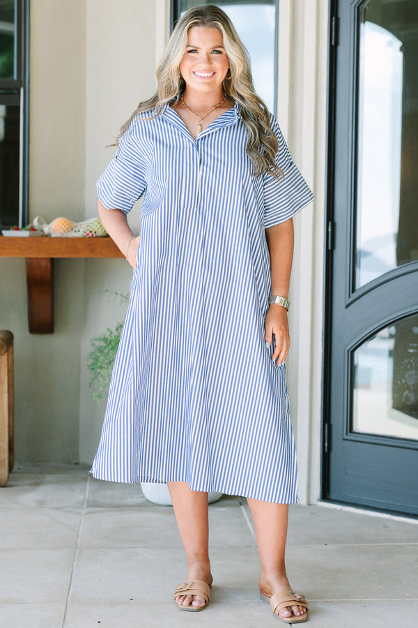 Plus Size blue and white vertical striped cotton shirt dress with a collar and short sleeves.