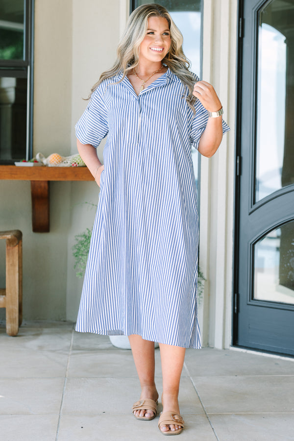 Plus Size blue and white vertical striped cotton shirt dress with a collar and short sleeves.