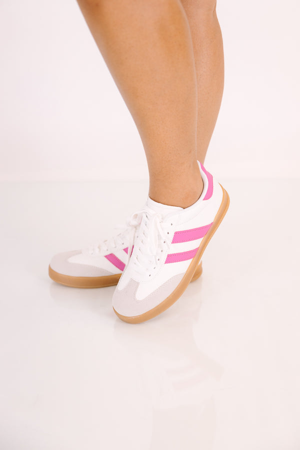 Chic Soul plus size clothing, white lace up sneakers and pink stripes with brown rubber soles