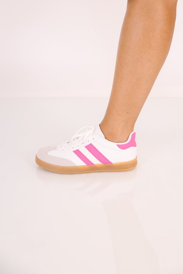Chic Soul plus size clothing, white lace up sneakers and pink stripes with brown rubber soles