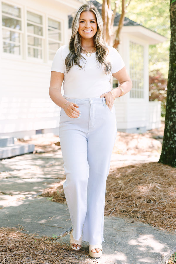 Chic Soul plus size clothing, ice blue jeans with relaxed fit and raw unfinished hem