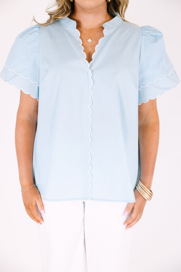 Chic Soul plus size clothing, blue short sleeve top with white scallop trim sleeves and v-neckline