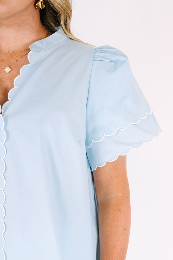 Chic Soul plus size clothing, blue short sleeve top with white scallop trim sleeves and v-neckline