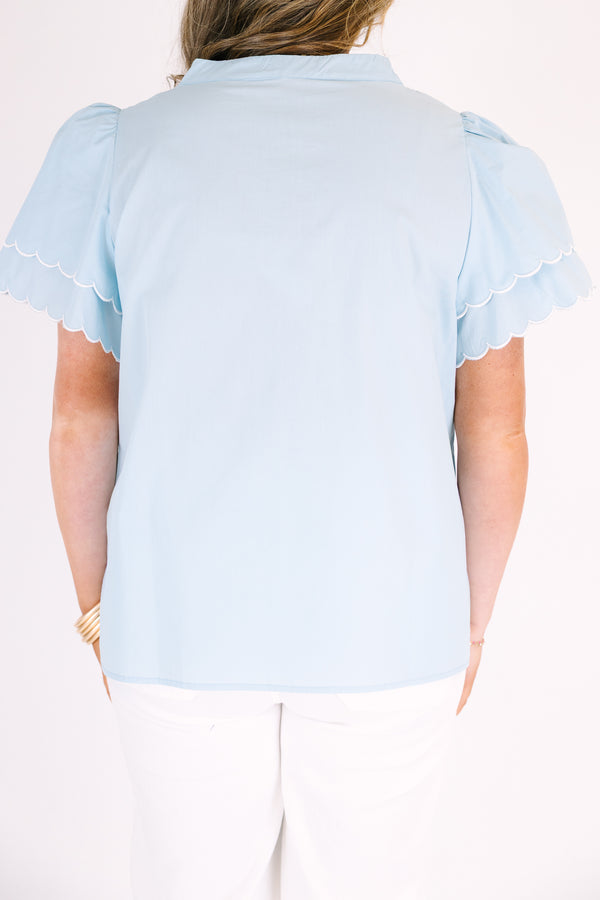 Chic Soul plus size clothing, blue short sleeve top with white scallop trim sleeves and v-neckline