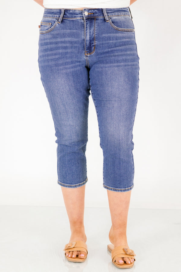 Chic Soul plus size clothing, dark wash skinny capri blue jeans 