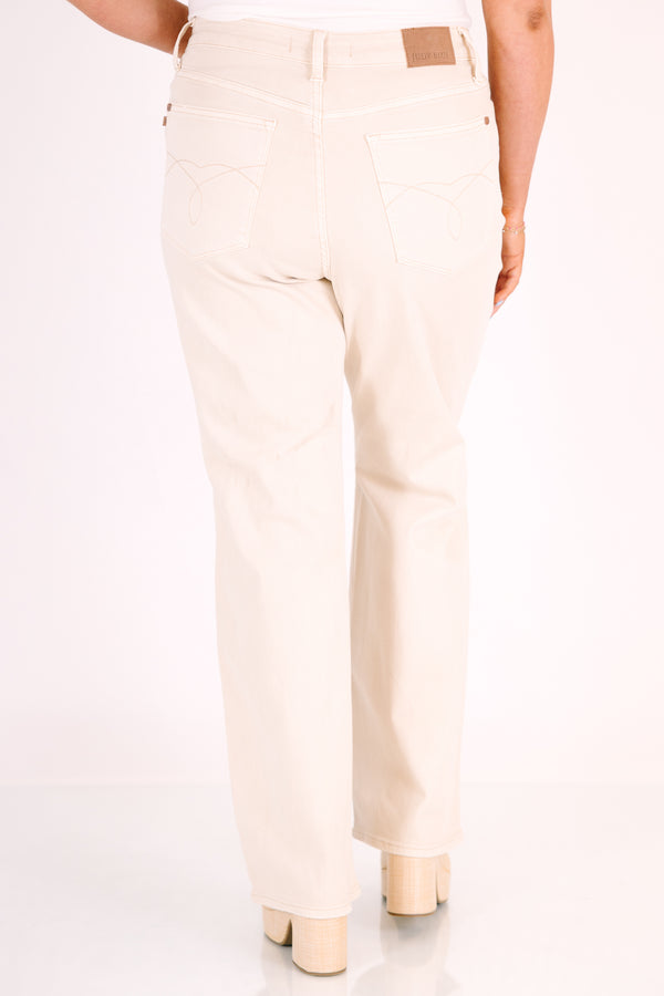 Plus Size high-rise straight leg jeans in bone with distressed knees and a relaxed fit.