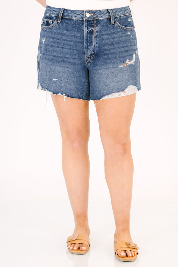 Chic Soul plus size clothing, dark wash jean shorts with front pockets and a distressed look throughout 