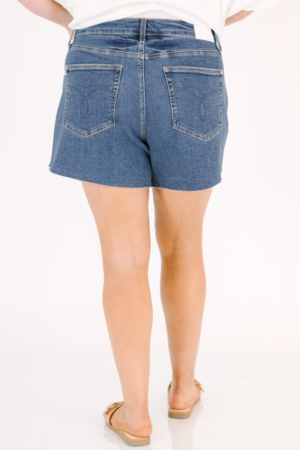 Chic Soul plus size clothing, dark wash jean shorts with front pockets and a distressed look throughout 