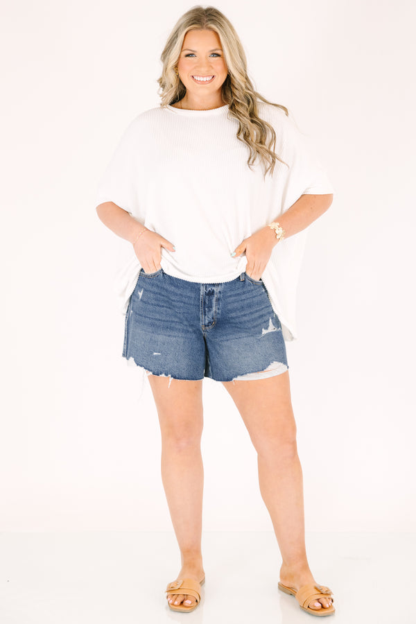 Chic Soul plus size clothing, dark wash jean shorts with front pockets and a distressed look throughout 
