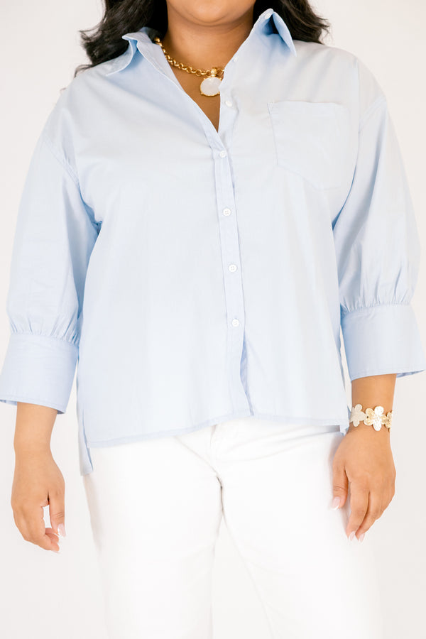 Chic Soul plus size clothing, light blue button up top with a collar and long sleeves that have cuffs at the ends 