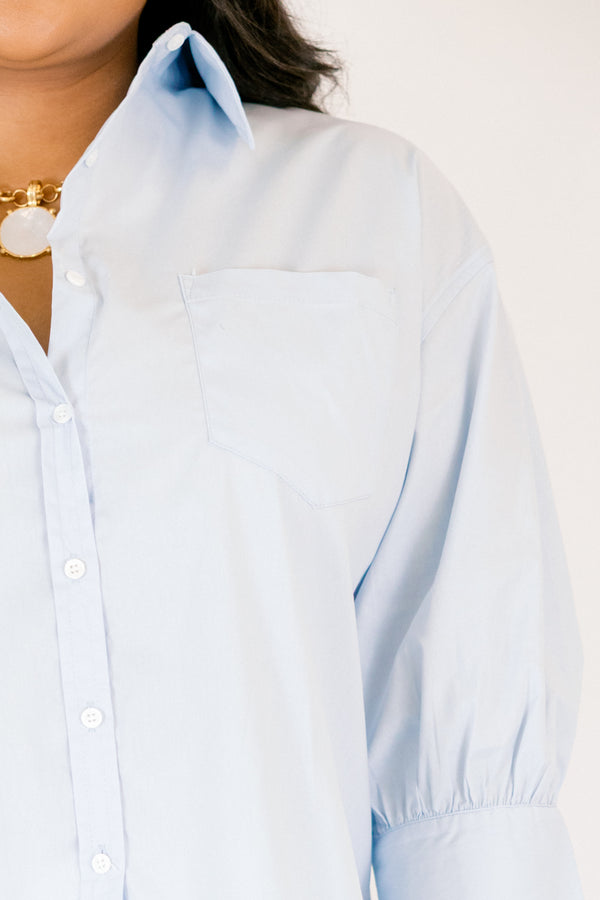 Chic Soul plus size clothing, light blue button up top with a collar and long sleeves that have cuffs at the ends 