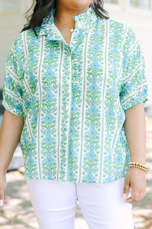 Chic soul plus size clothing, Blue floral stripe top with a ruffle collar, button-front ruffle trim, and  bubble sleeves.