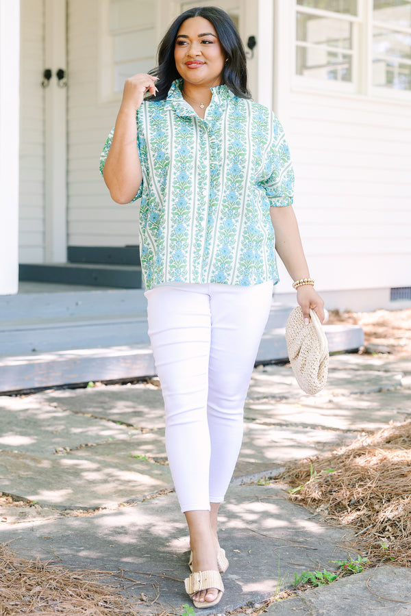 Chic soul plus size clothing, Blue floral stripe top with a ruffle collar, button-front ruffle trim, and  bubble sleeves.
