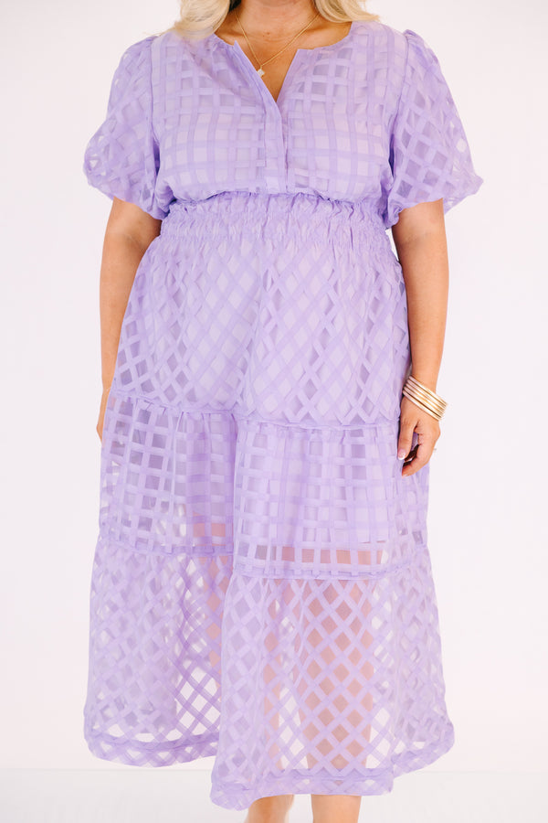 Chic Soul plus size clothing, lilac knee length dress with bubble sleeves as well as a sheer maxi dress overlay that has a checkered pattern 