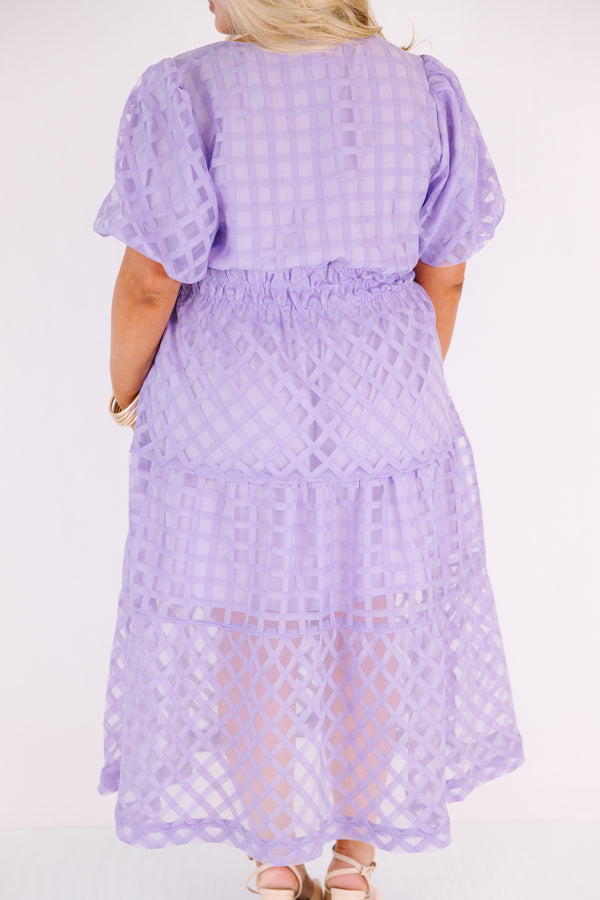 Chic Soul plus size clothing, lilac knee length dress with bubble sleeves as well as a sheer maxi dress overlay that has a checkered pattern 