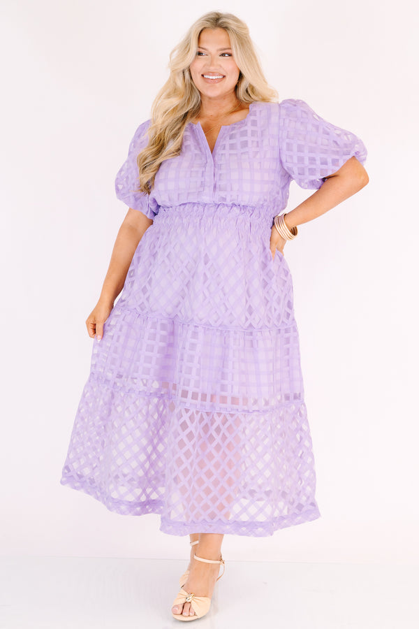 Chic Soul plus size clothing, lilac knee length dress with bubble sleeves as well as a sheer maxi dress overlay that has a checkered pattern 