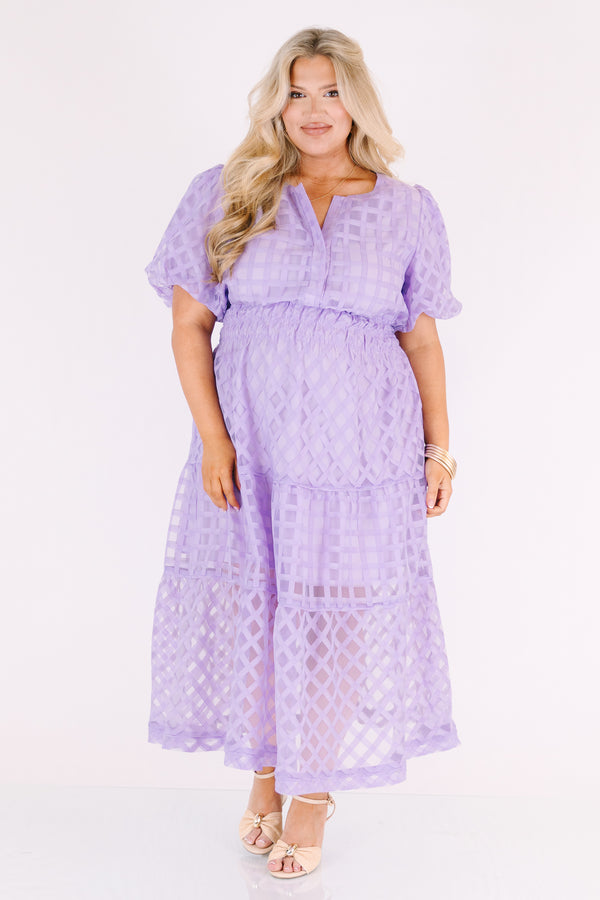 Chic Soul plus size clothing, lilac knee length dress with bubble sleeves as well as a sheer maxi dress overlay that has a checkered pattern 