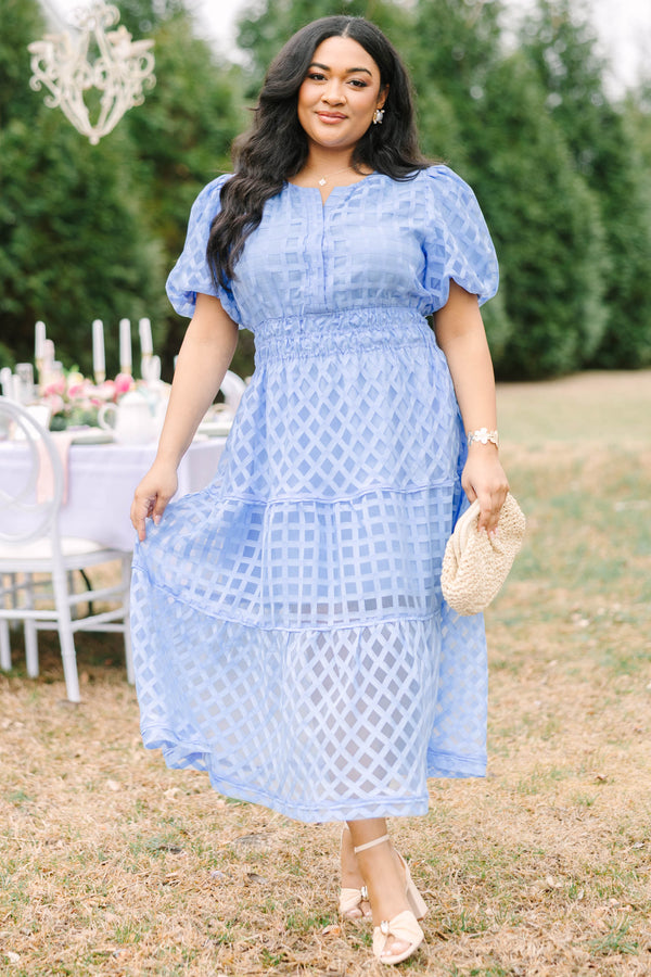 pastel blue floor length dress A-line Layered Lace Dress With Slit