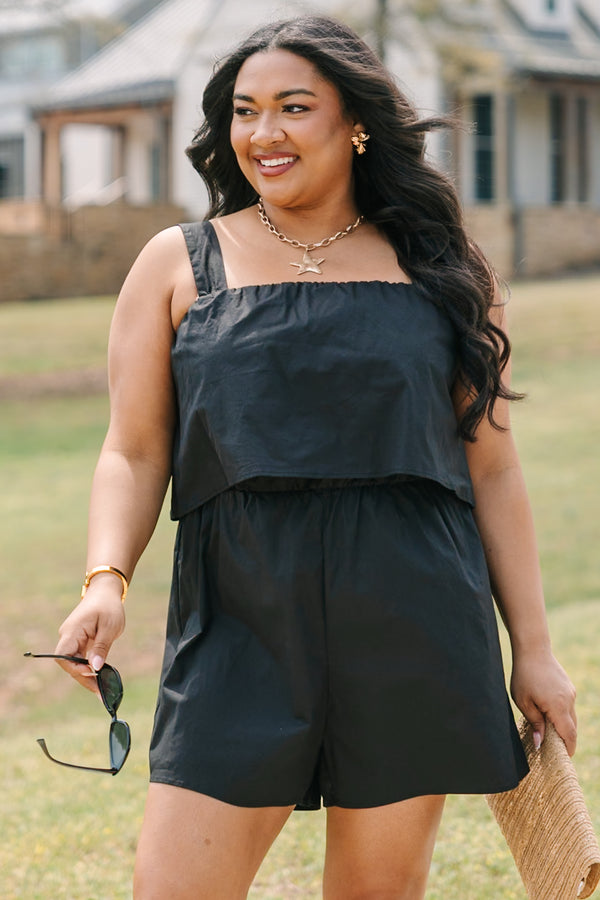Chic Soul plus size clothing, black sleeveless romper with an overlay on the chest area as well as a square neckline 
