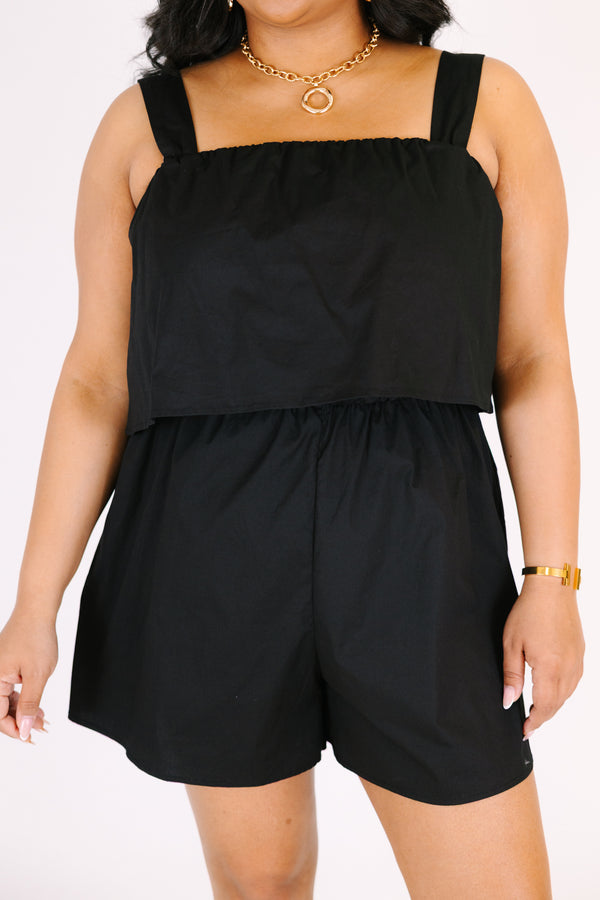 Chic Soul plus size clothing, black sleeveless romper with an overlay on the chest area as well as a square neckline 