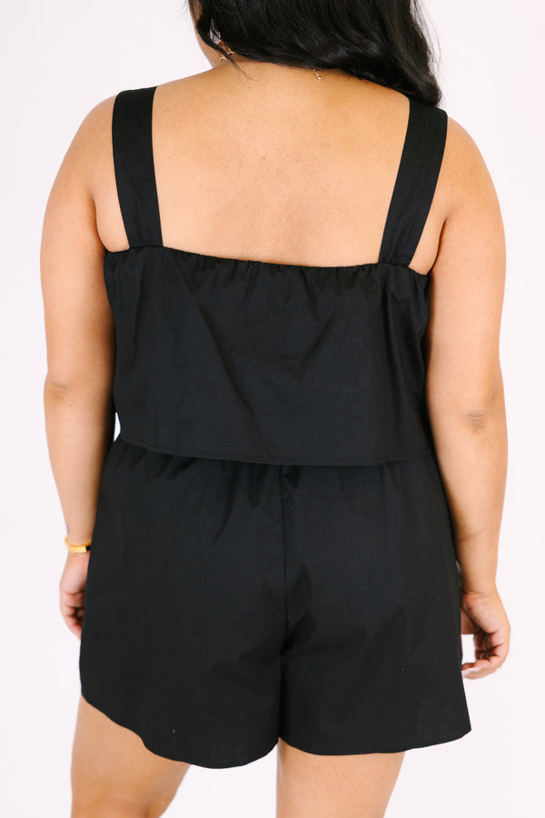 Chic Soul plus size clothing, black sleeveless romper with an overlay on the chest area as well as a square neckline 