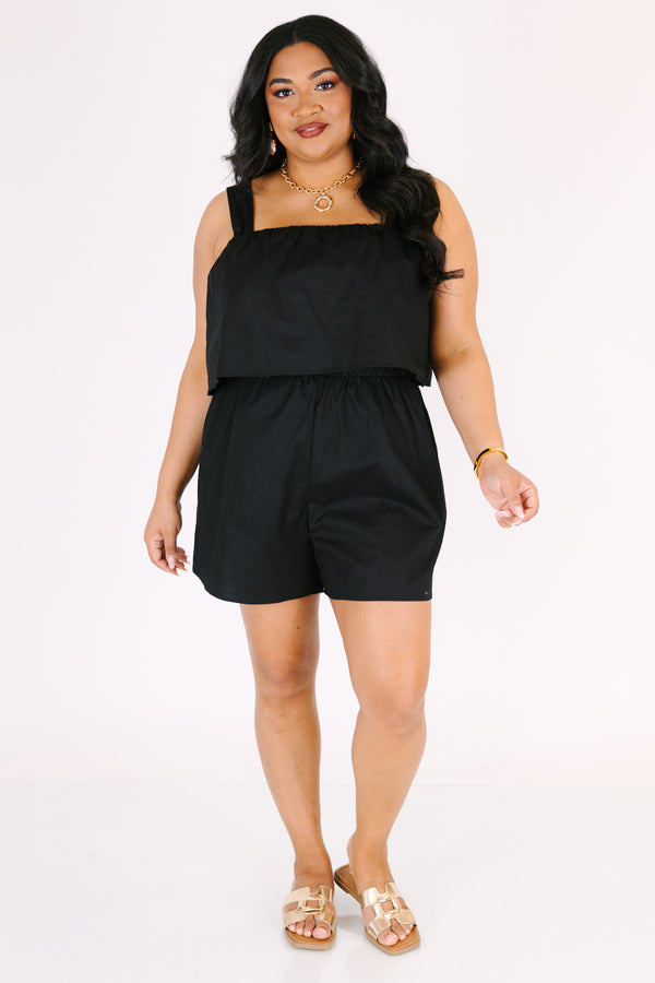 Chic Soul plus size clothing, black sleeveless romper with an overlay on the chest area as well as a square neckline 