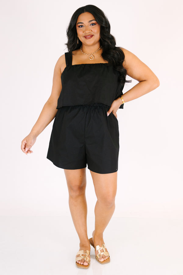 Chic Soul plus size clothing, black sleeveless romper with an overlay on the chest area as well as a square neckline 