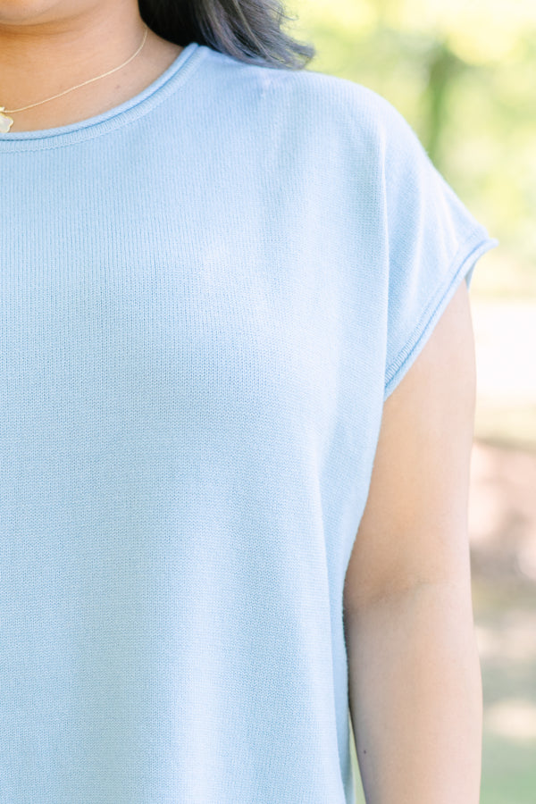 Chic soul plus size clothing, Lightweight blue knit sweater with cap sleeves and a relaxed fit.