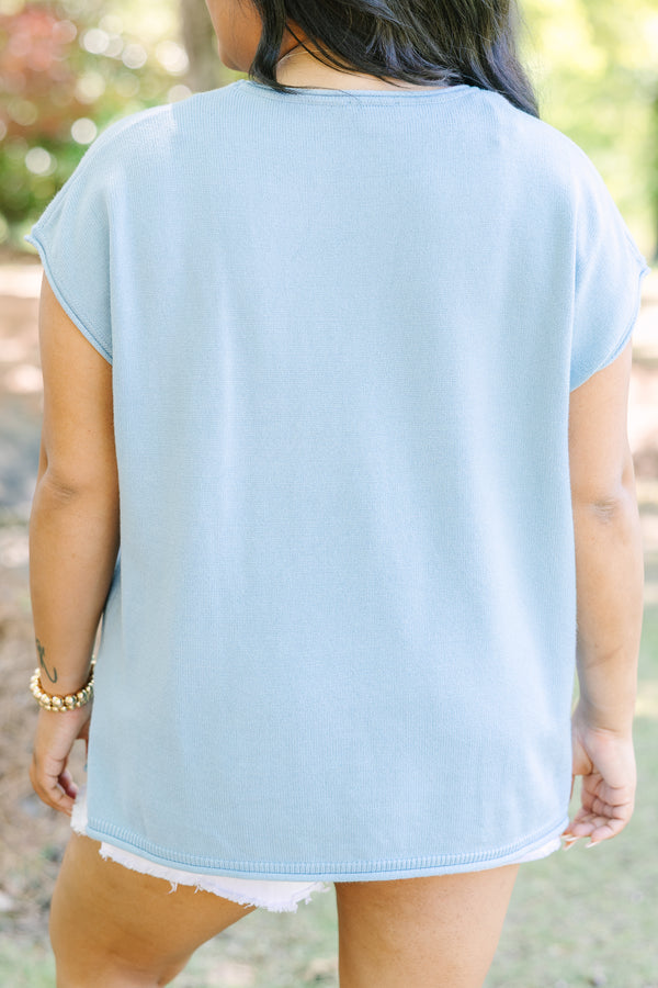 Chic soul plus size clothing, Lightweight blue knit sweater with cap sleeves and a relaxed fit.