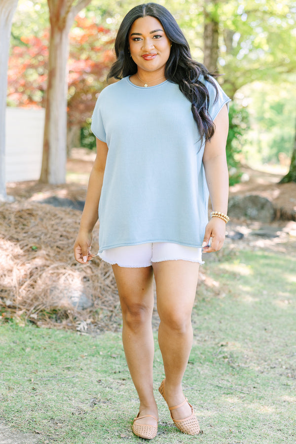 Chic soul plus size clothing, Lightweight blue knit sweater with cap sleeves and a relaxed fit.